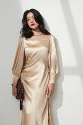 Elegant Satin Midi Dress with Puff Sleeves & Side Slit
